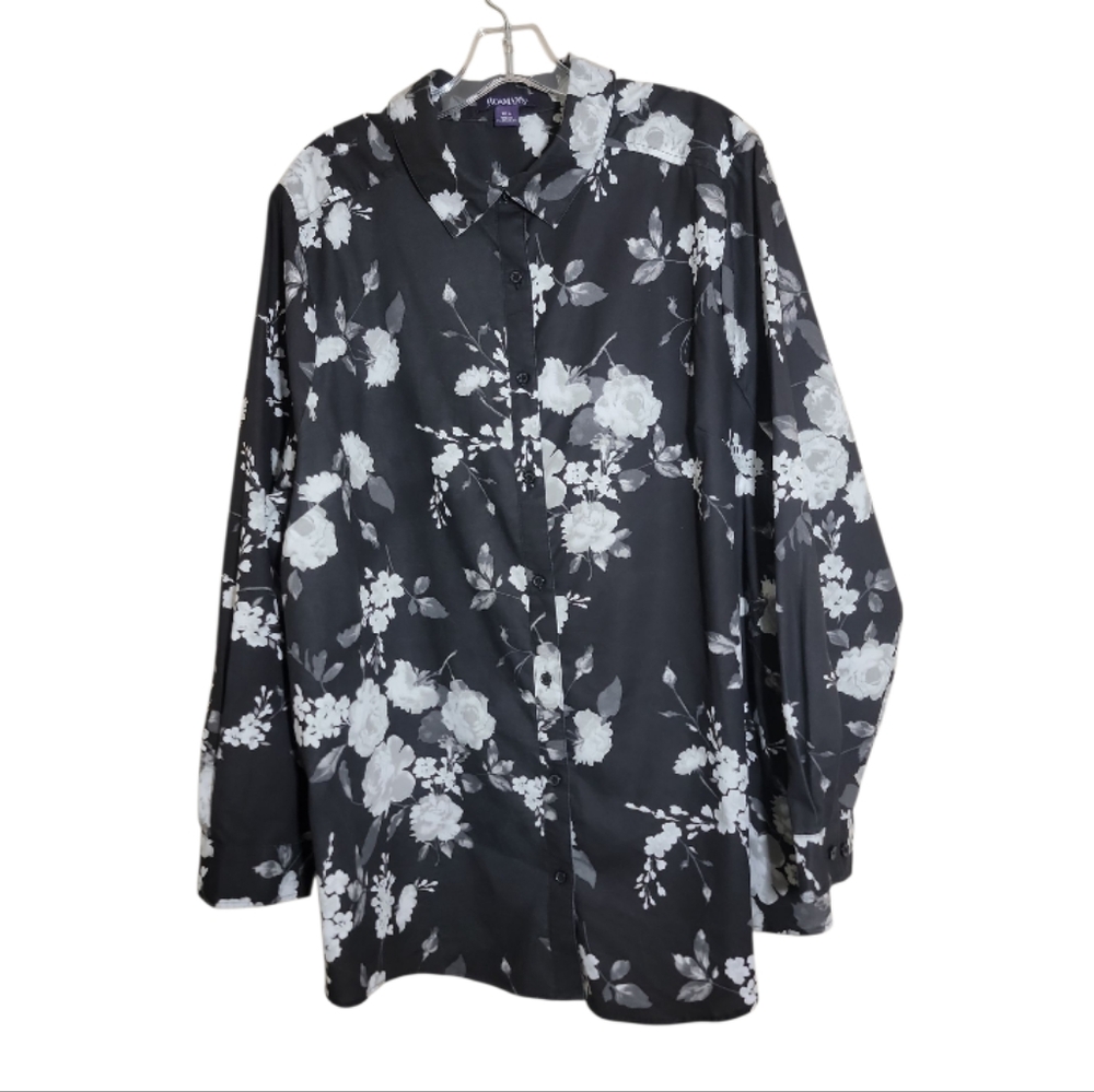 Roaman's plus size black white gray floral button down shirt size 20W